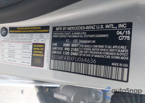 2015 Mercedes-Benz C 300 Sport from USA, damaged, VIN 55SWF4JBXFU064636